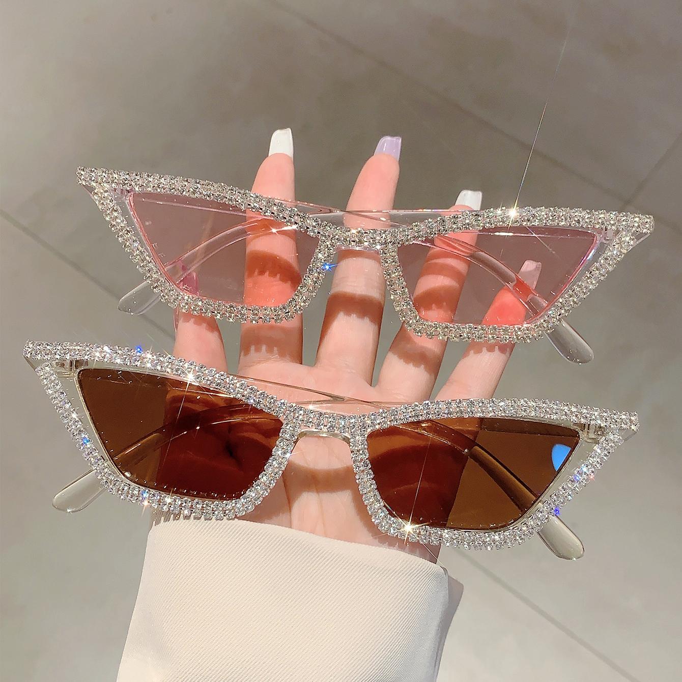 

2 пары в наборе Солнцезащитные очки «кошачий глаз» со стразами Женские Модные Винтажные Повседневные Очки Модный Дизайнерский Декор Солнцезащитные очки (2 Pairs in total)