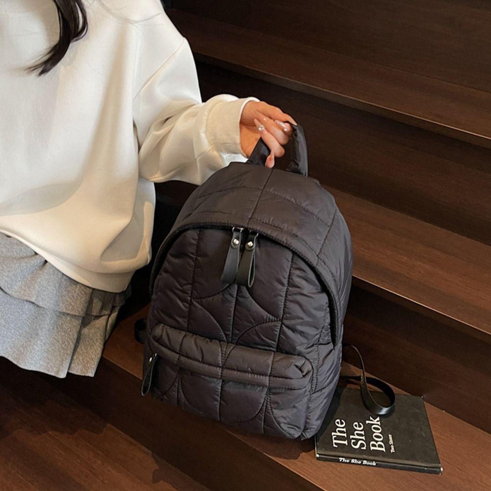 Nylon Space Cotton Shoulder Bag Solid Color Student Schoolbag Vintage Padded Coat Backpack Travel