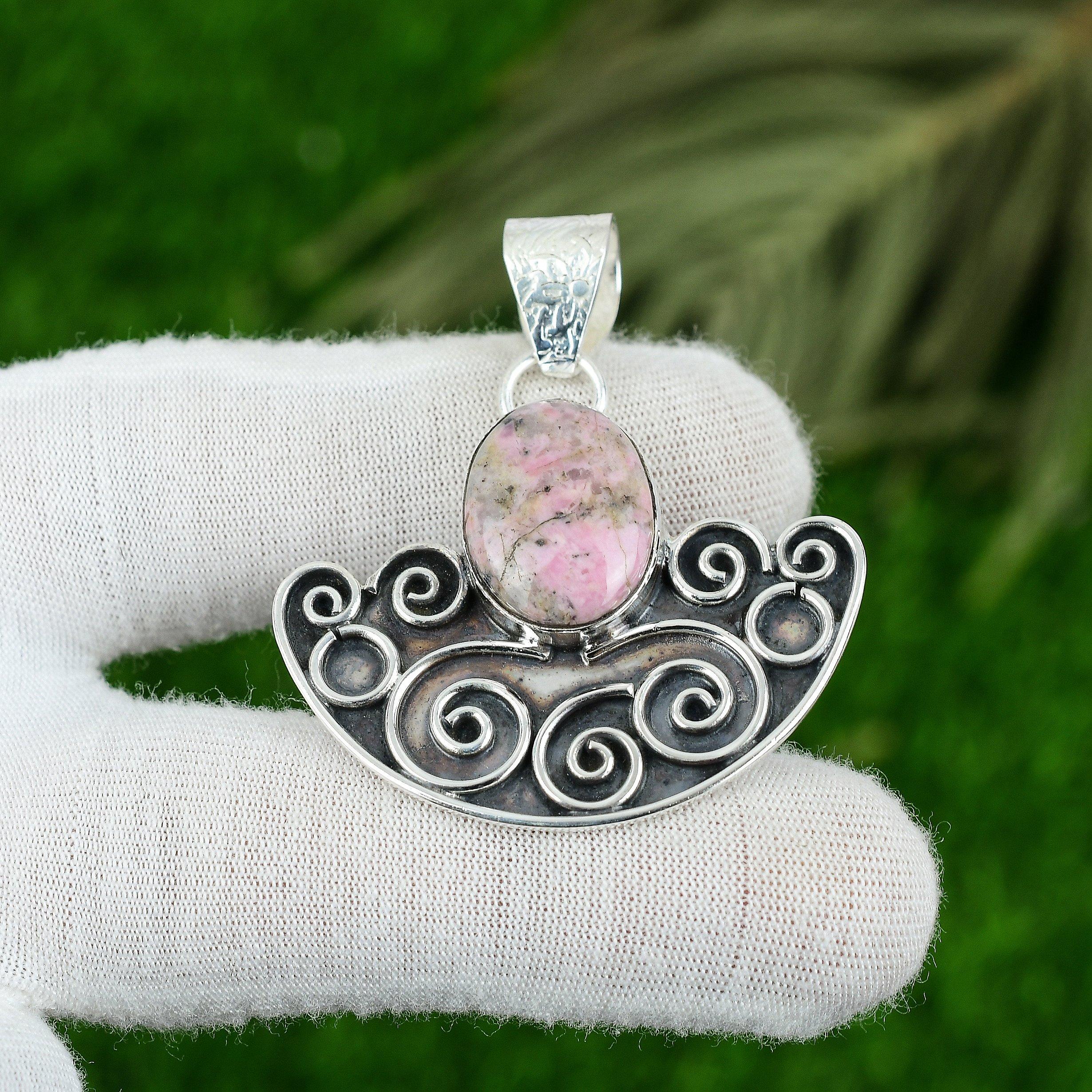 Mothers day Sale Sterling Silver Oval Rhodonite Stone New Bezel Pendant Jewelry