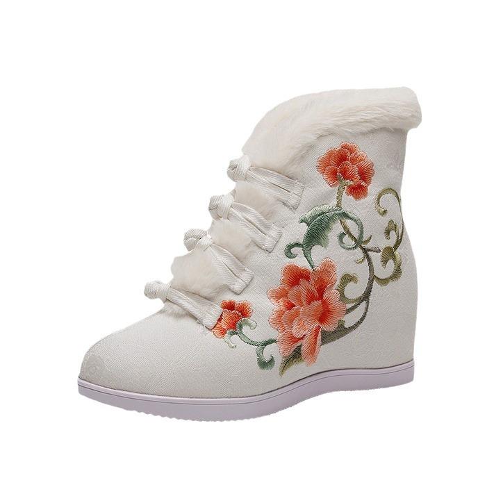 Women's Quilted Cotton Short Boots with Fleece Trim and Hidden Wedge Heel