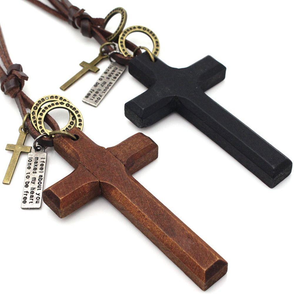 Metal Tags Wood Cross Necklace Religious Crucifix Pendant Chain Handmade Cross Necklace Christian