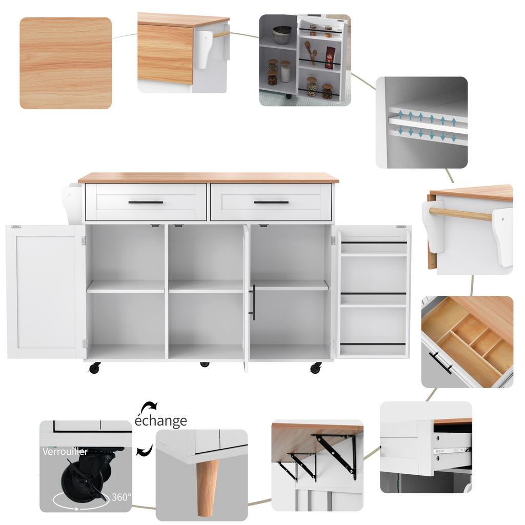 129X46(71)x91.5 Cm Dining Cart/sideboard, Worktop with Solid Wood Grain + White Cabinet/foldable/storage Door Design/wheels/solid Wood Feet Switchable