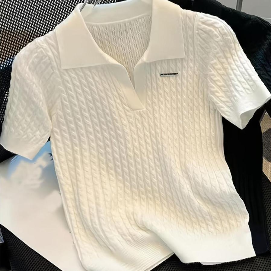 

Temperament Lapel Ice Silk Knit Top Летняя свободная тонкая футболка с короткими рукавами one size белый