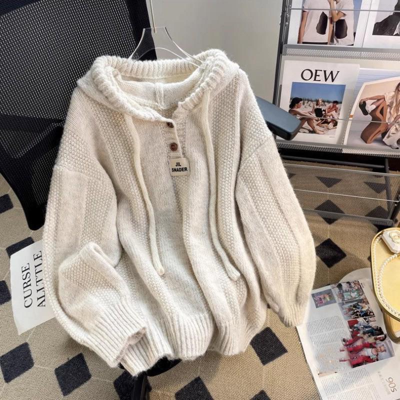 2026 Autumn/Winter Korean Loose Fit Hooded Sweater for Women - Soft, Thickened Knit with Drawstring.