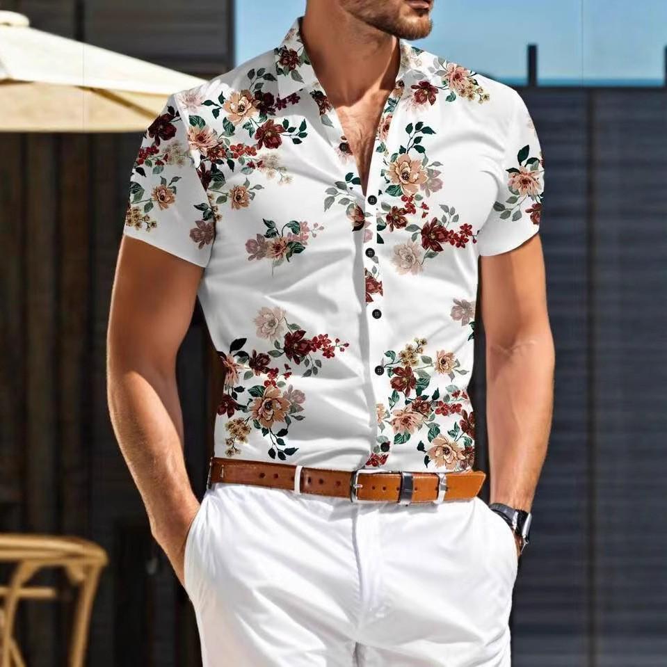 Camicia da uomo casual a maniche corte con stampa floreale tropicale hawaiana