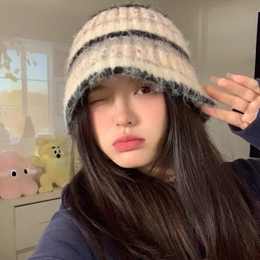Autumn And Winter Color Matching Striped Handmade Knitted Hat Female Korean Version Showing Face Small Ear Protection Bucket Hat Versatile Warm