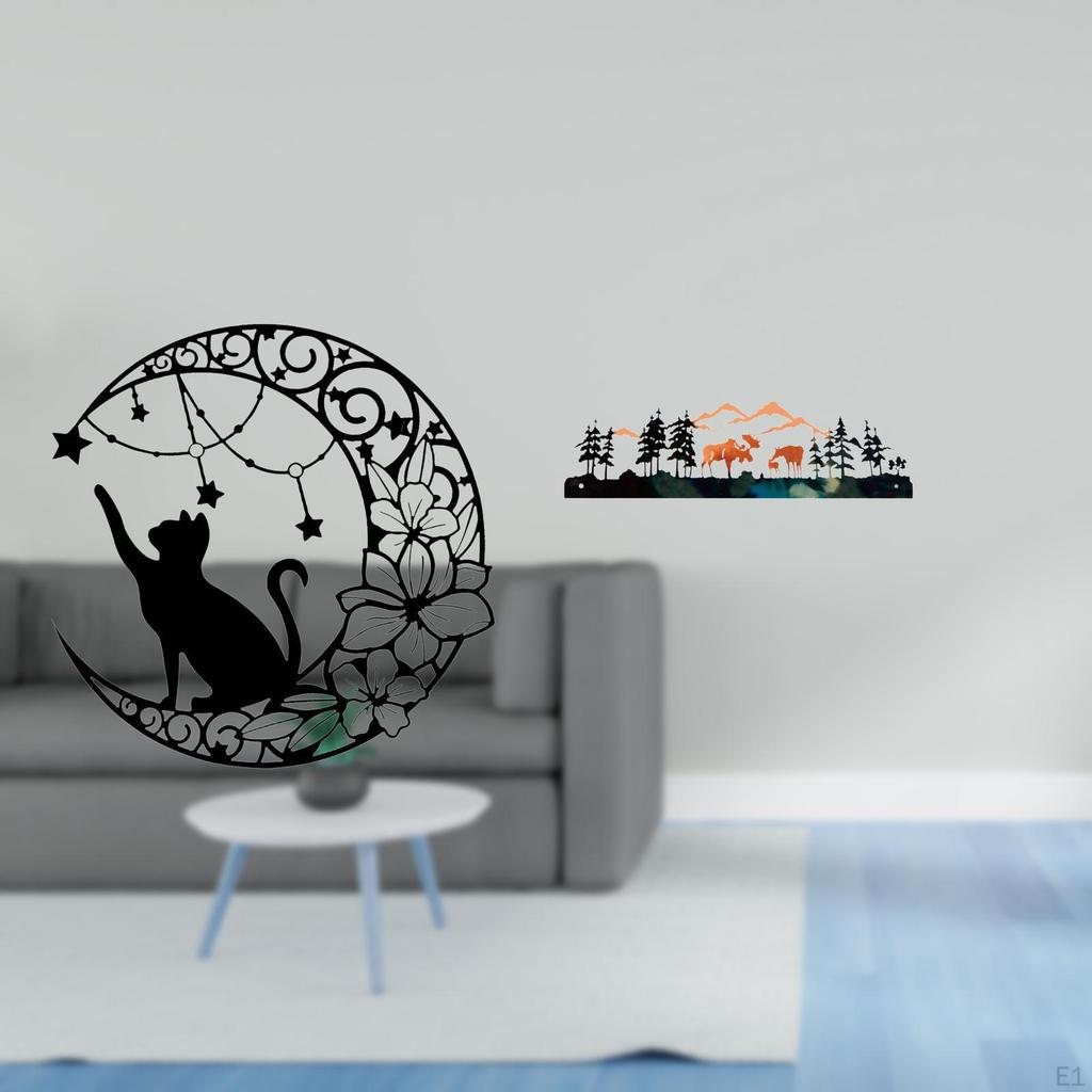Mystical Black Cat And Deer Metal Wall Art Sculpture for Garden Fence Outdoor Indoor Porch Moon