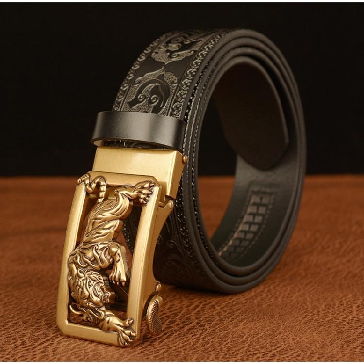 Classical Men Leather Belt with Convenient Automatic Buckle and Carved Beast Buckle Chinese Beast Head