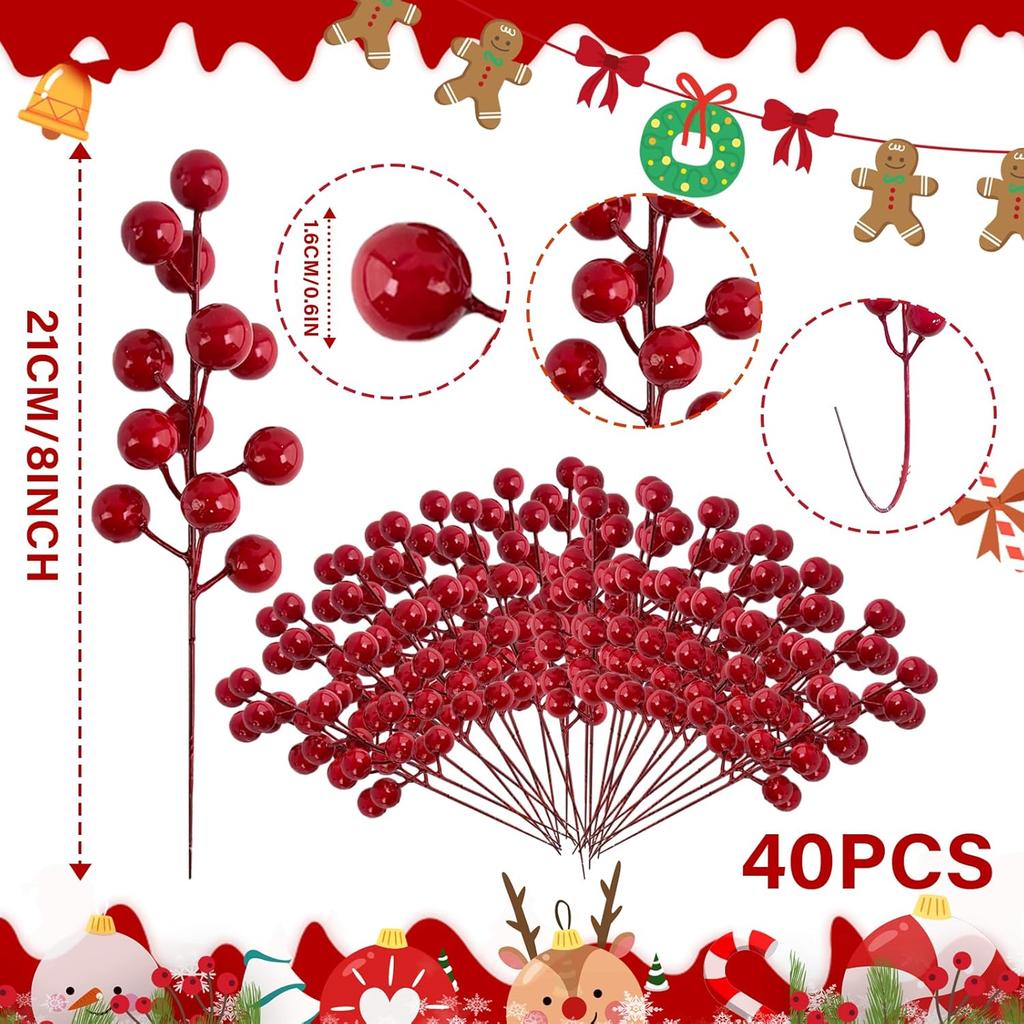 40pcs Red Faux Holly Berries Branches for Christmas Tree Wreath DIY Decor