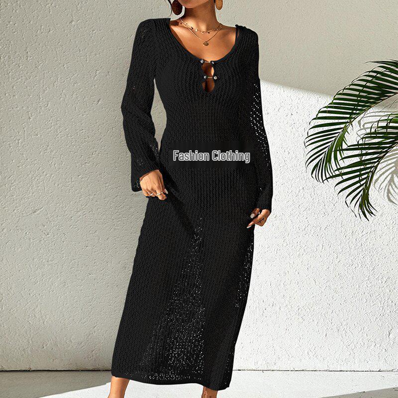 European-American Hollow Texture V-Neck Button Backless Long-Sleeve Beach Dress
