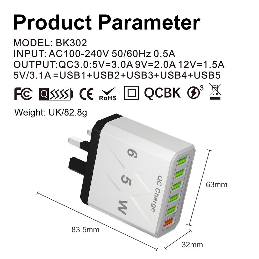 65W High-Power 6-Port USB Fast Charger for Mobile Phones (US/EU/UK Standard)