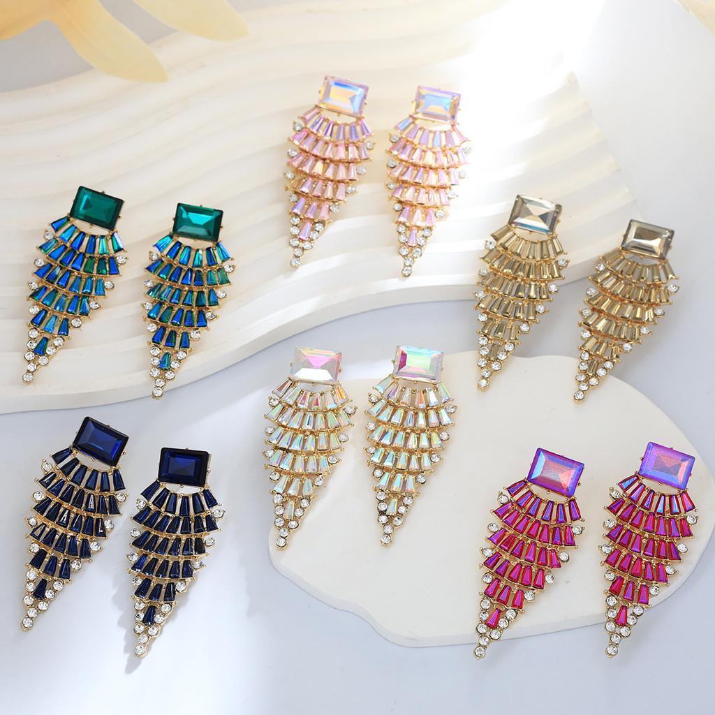 Geometric Alloy Long Earrings For Women With Colorful Rhinestones In Fashion Spring