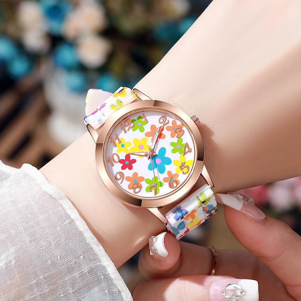 5PCs/Set Women's Silicone Printed Watch Fashion Casual Personalized With Floral Dial Classic Trendy Quartz Watch Combination Set