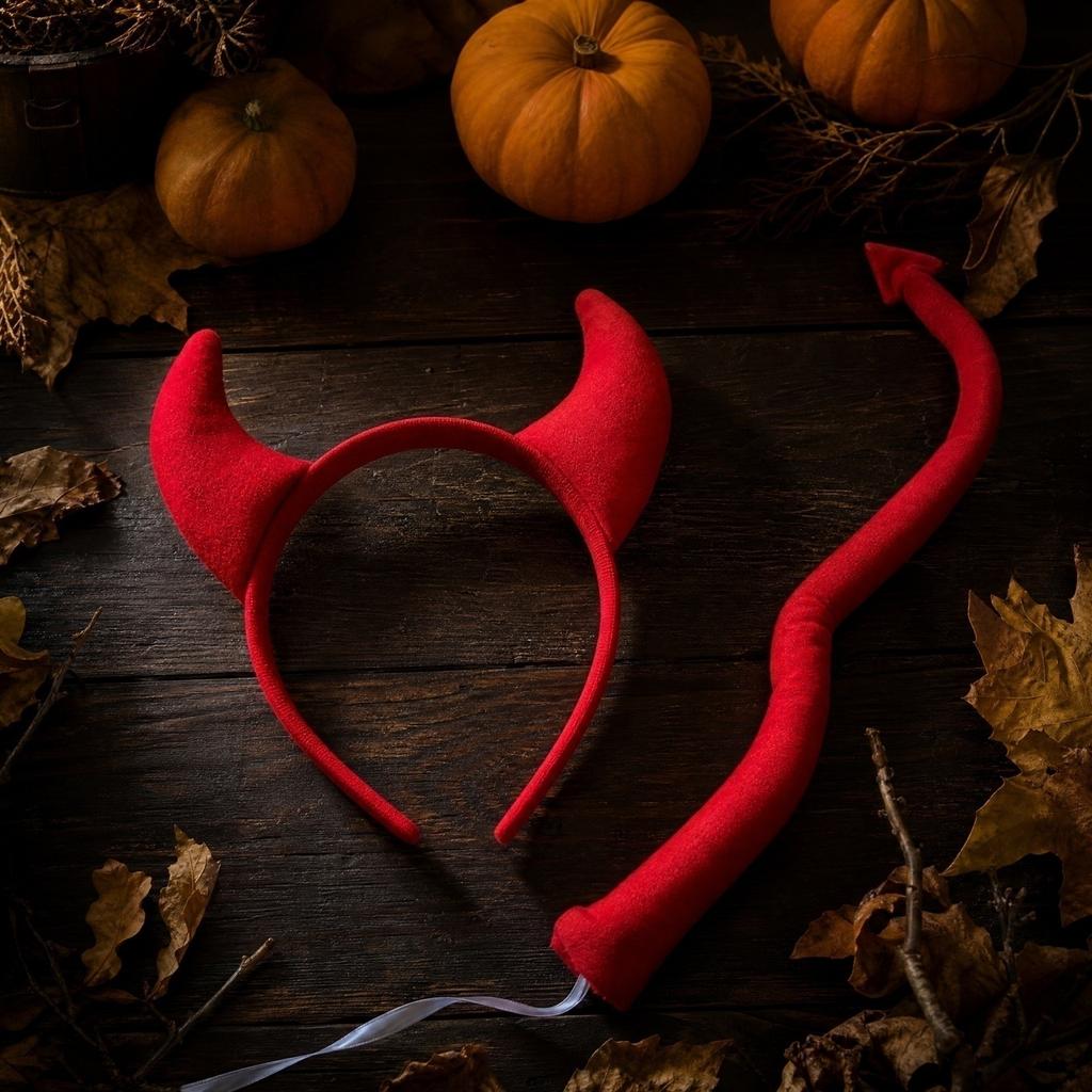 Kids Little Devil Costume Set with Horns Headband and Tail for Halloween Party