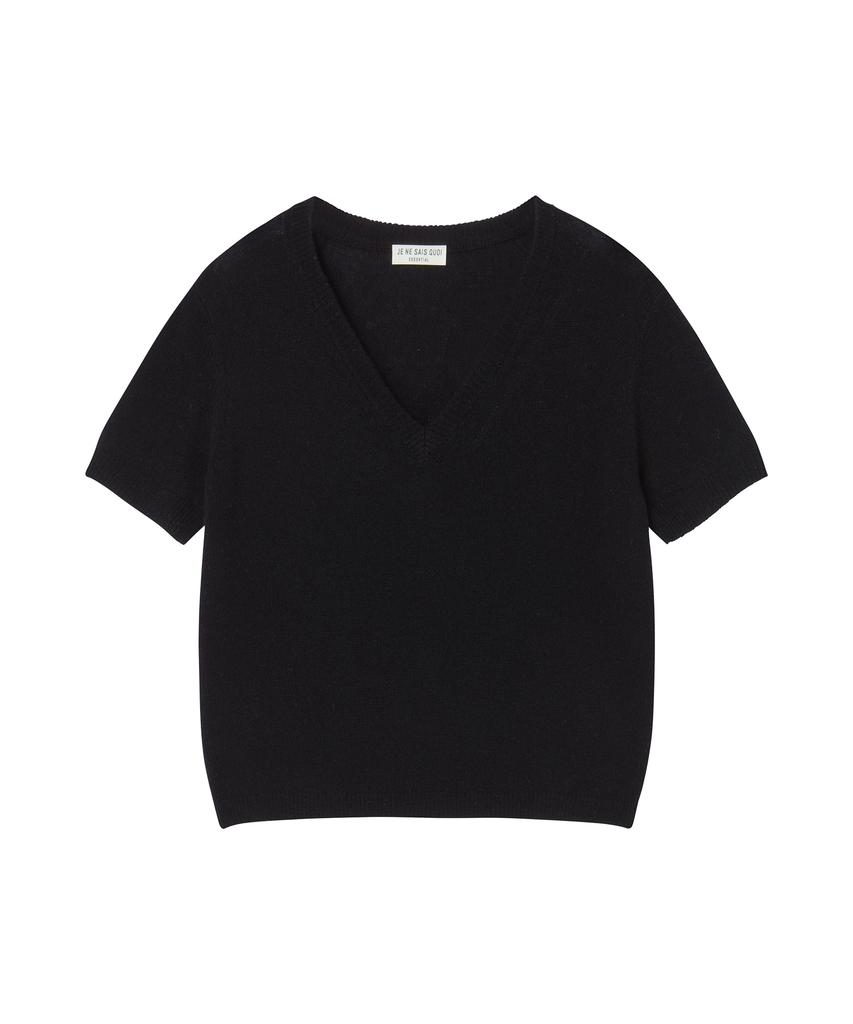 JE NE SAIS QUOI Sheer Cashmere Blended V-Neck Short Sleeve Knit_Black