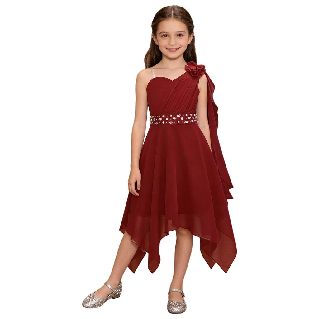 Flickors Snygga Rynkade Applikation Festklänning En axel Asymmetrisk fåll Chiffongklänning Glänsande Pärlförsedd Bälte