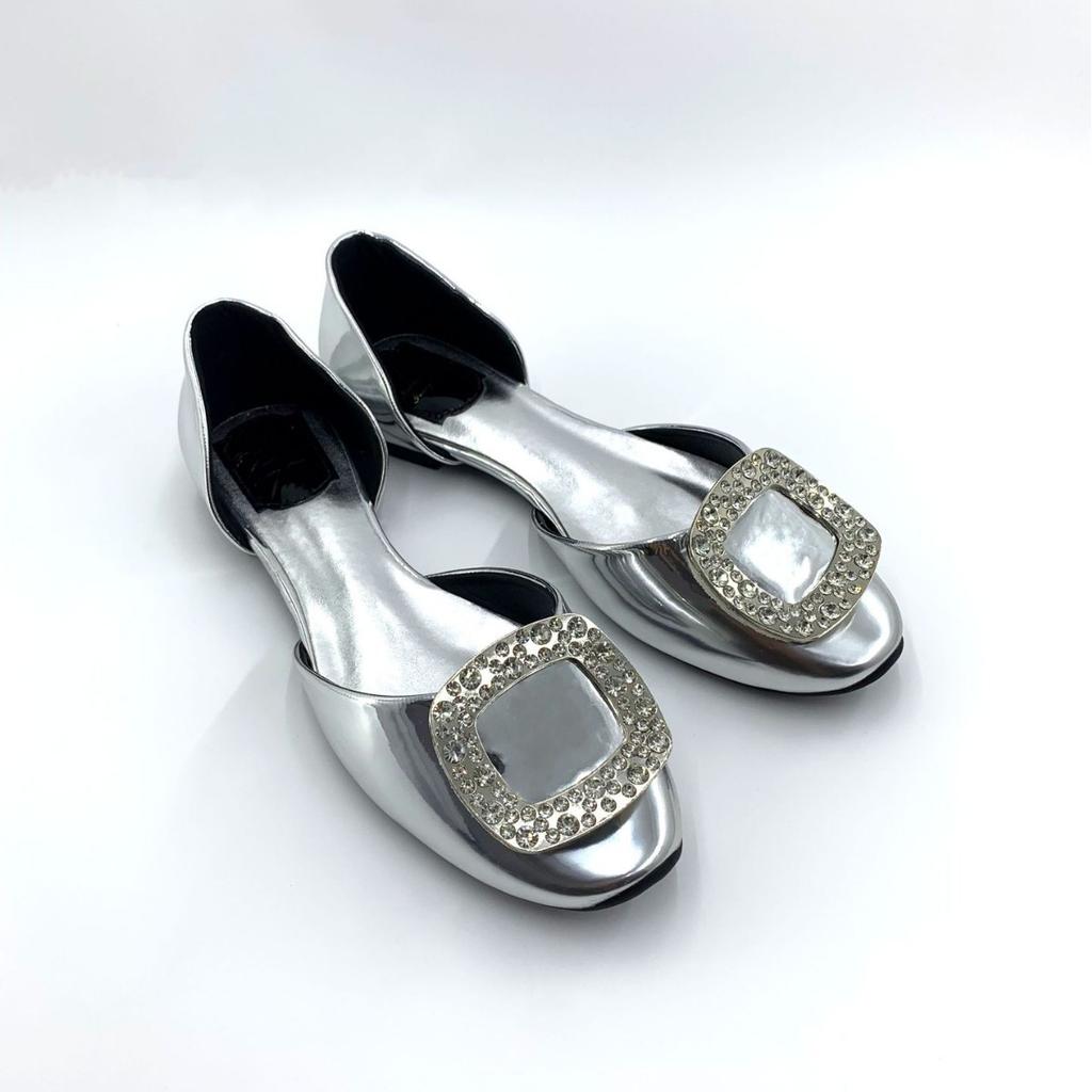 Spot Second Hair! Grape Mother Same Shoe Temperament Rhinestone Square Buckle Silk Hollow Round Head Commuting Flat Sole Shoes Women