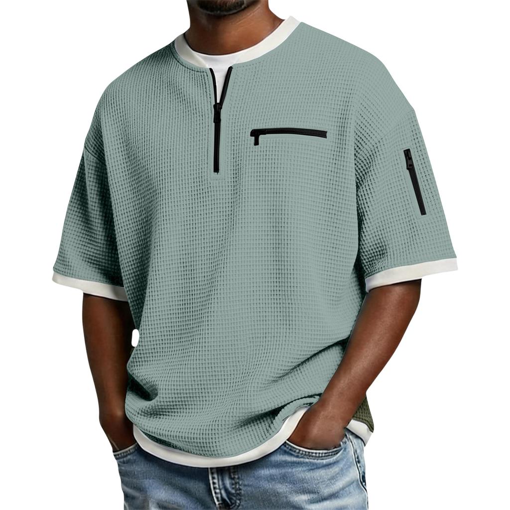 Men's Casual -Weave Zipper-Collar Lightweight Breathable Short-Sleeve Top