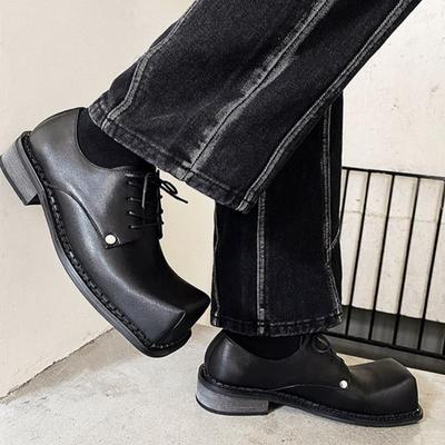Male Leather Shoes Men 2025 New Square Head Chunky Platform Retro Work Shoes Spring Autumn Derby Shoes Low Top Man Casual Flats