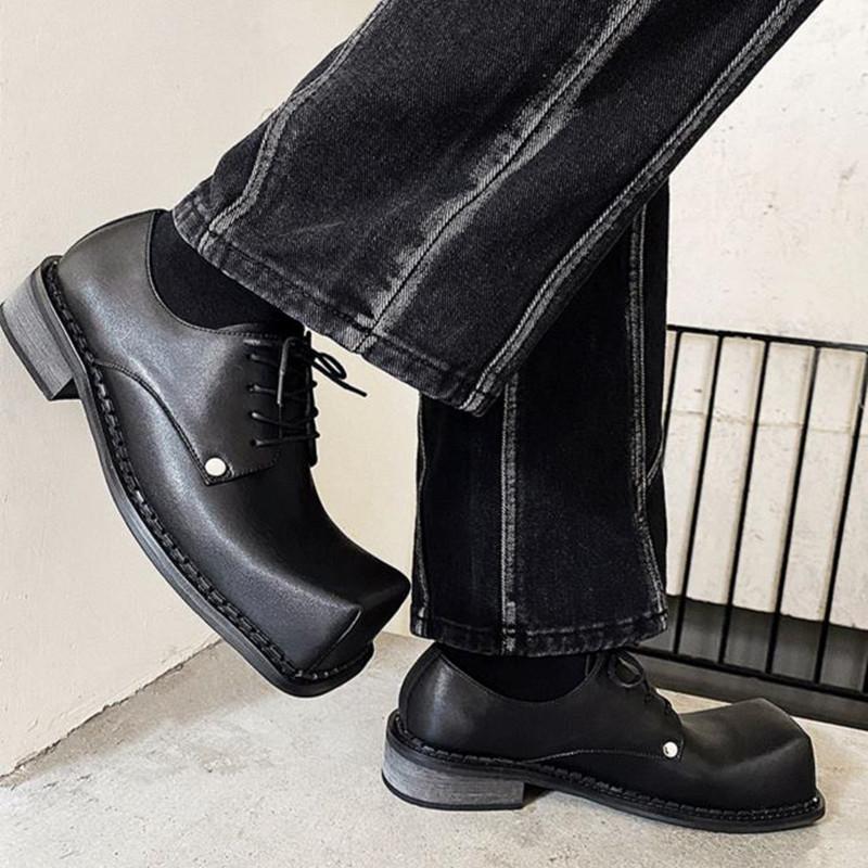 Male Leather Shoes Men 2025 New Square head Chunky Platform Retro Work Shoes Spring Autumn Derby Shoes Low Top Man Casual Flats