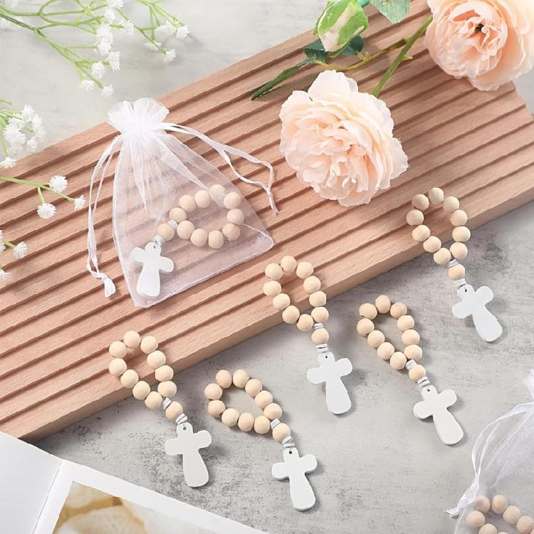 18Pcs Wood Beads Rosary Bracelets with Bag for Church Activity and Babys Room