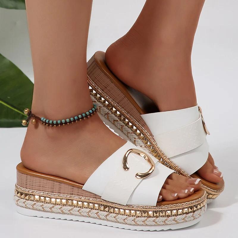 Metal Buckle Slip On Sandals Women Plus Size 43 Fashion Rivet Wedge Slides Women Metal Decor Platform Slippers Summer Sandalias