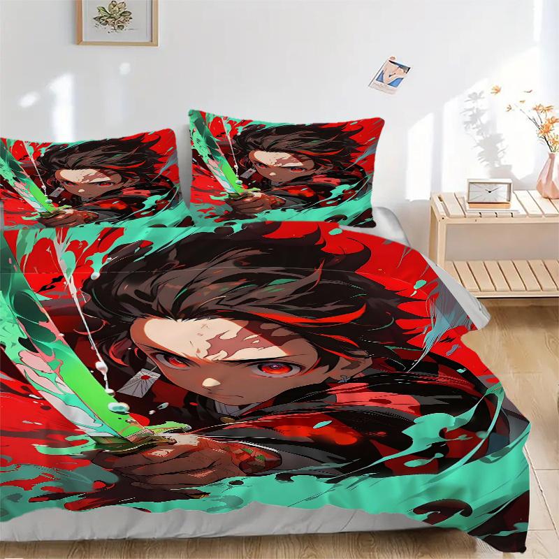 3pcs Tanjiro's Determination Demon Slayer Bedding Set - Includes 1 Quilt Cover and 2 Pillowcases, Comfortable Bedding with Stylish Design fo