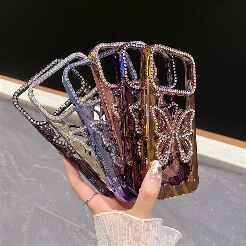 Luxury TPU Plating Diamond Butterfly Phone Case For iPhone 17 16 15 14 13 12 11 Pro Max Plus Shockproof Hollow Out Hard Cover