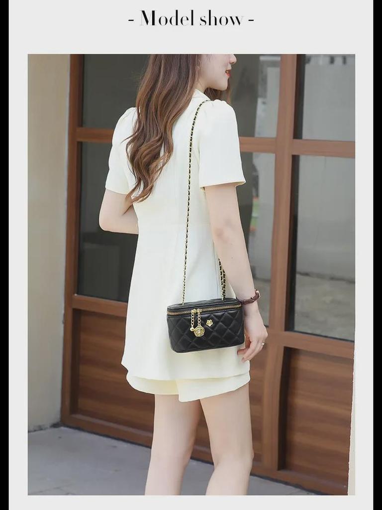 Genuine Leather Camellia Lightweight Diamond Chain Shoulder Bag - Mini Cosmetic Box Style