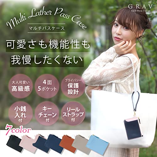 [GRAV] Pass Case with Reel, Women's Cute Card Case, Slim Coin Case, Pink (Includes Keychain Strap)
