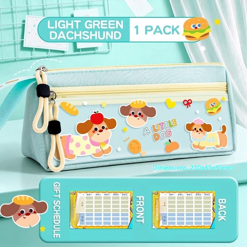 Cute Canvas Pencil Case Double Layer Large Capacity Portable Handle For School Students Stationery Storage