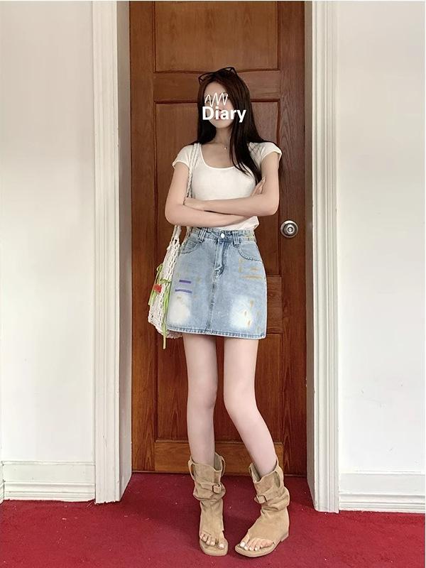 

Plus Size Women s Distressed Graffiti Denim High Waisted Hip-hugging Mini Skirt Small синий