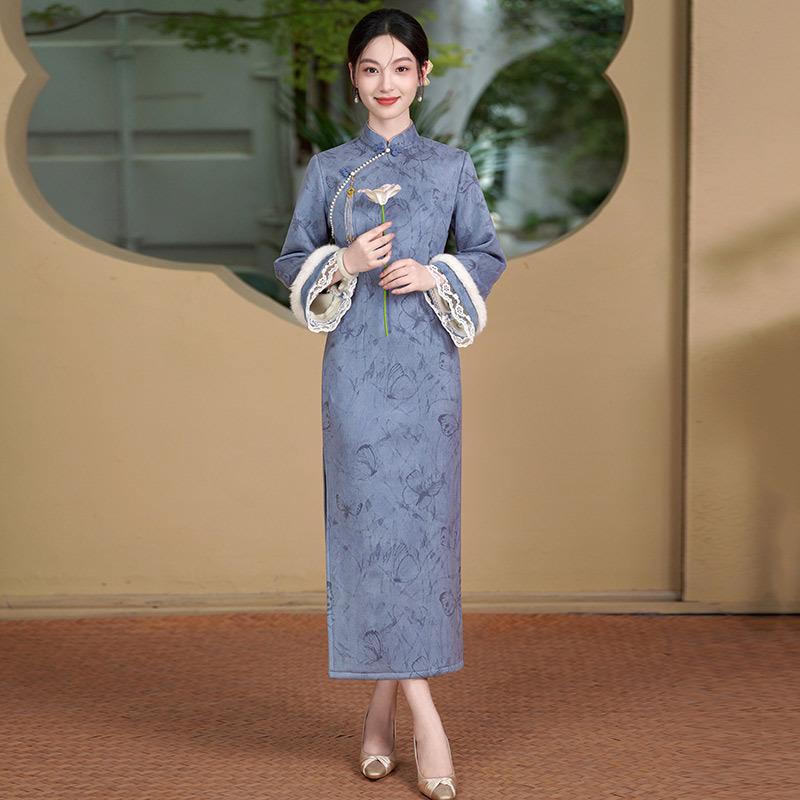 Orange velvet winter clothing national style new Chinese long-sleeved improved cheongsam winter thick women's retro New Year's clothing