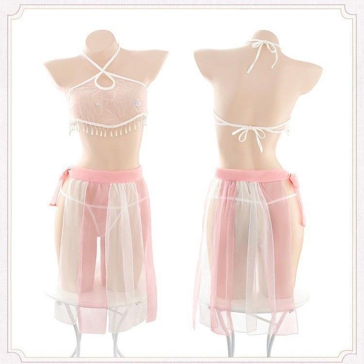 Pearl tassel Hanfu enchanting retro tulle perspective temptation belly pocket tied skirt exotic women