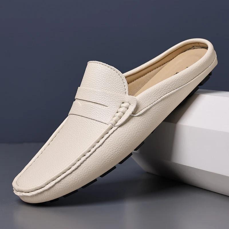 Summer Slip-on Loafers Soft Leather Slippers Flats Male Walking Shoes Casual Loafers Half Shoes for Men Lazy Shoe