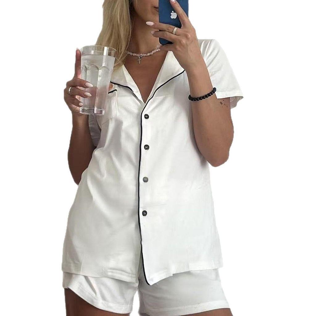 European & American Casual Lapel Women's Short Sleeve Cardigan Pajama Set with Shorts
