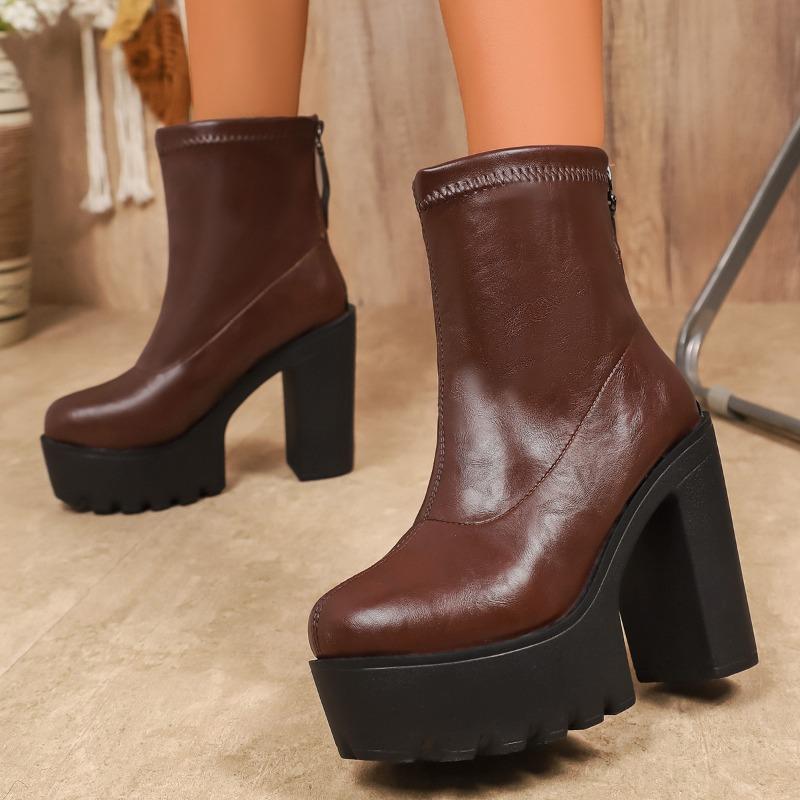 French Booties Women's High Heel Block Heel Platform 2025 New Korean Edition Autumn and Winter