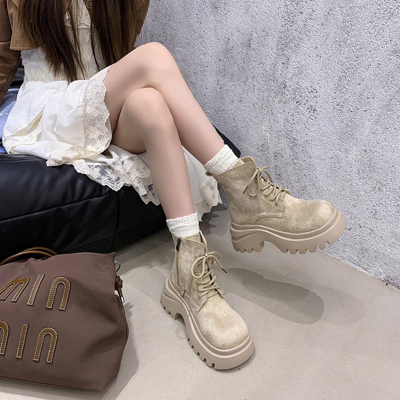 Süße und coole einfache vielseitige lässige Martin-Stiefel Herbst und Winter super dicker Absatz dicke Sohle Damenstiefel Britischer Stil Schnürung dicker Absatz
