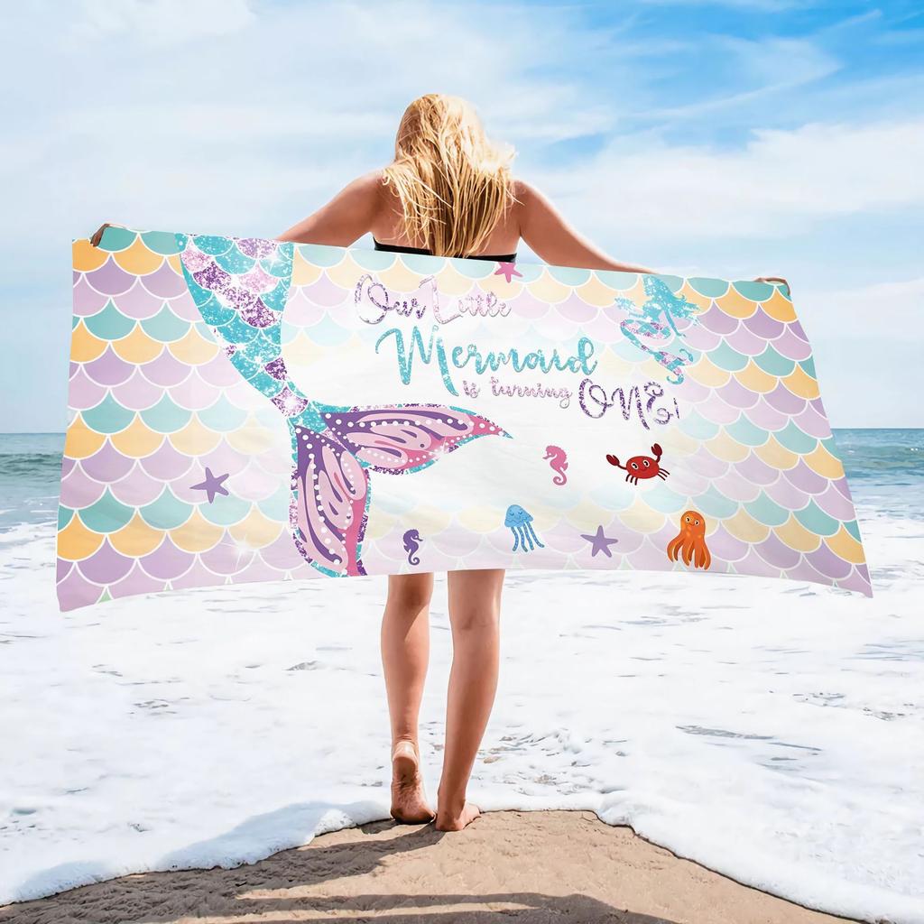 Children Girl Mermaid Beach Towel Purple Girls Seaside Quick-Drying Bath Towel Microfiber Towel Quick-Drying Pool