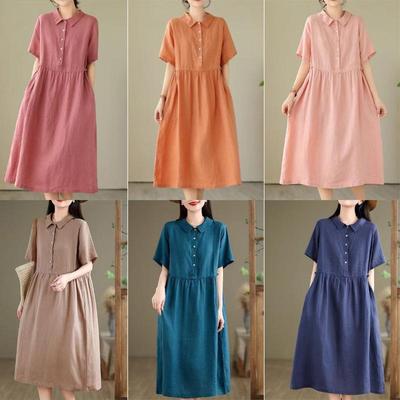 2025 Japanese Style Cotton Linen Dress: Women's Mid-Length Pullover, Available In 6 Colors and 4 Sizes with Short Sleeves