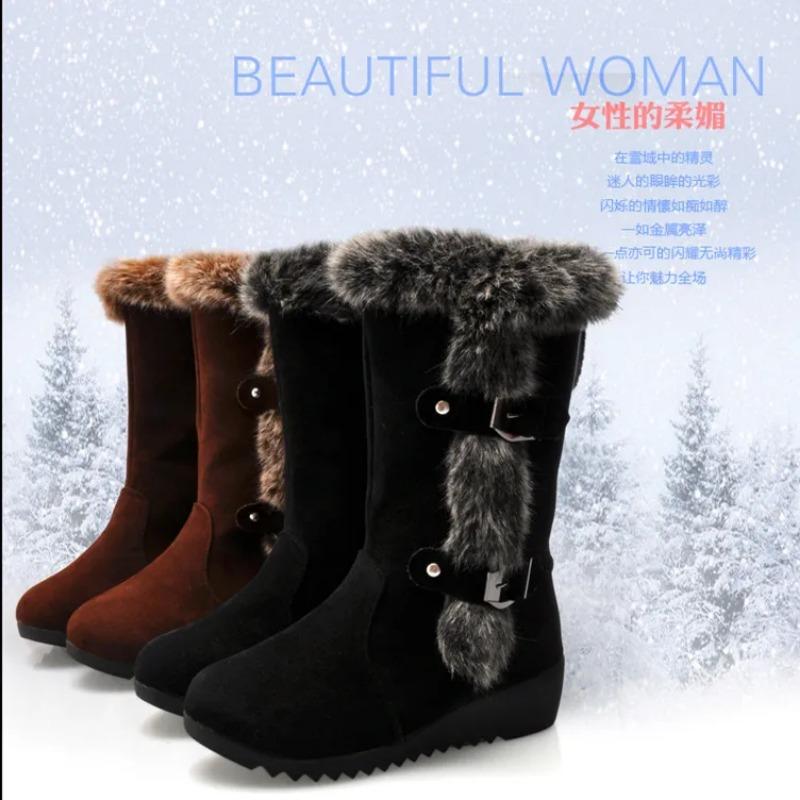 New Winter Women Boots Casual Warm Fur Mid-Calf Boots Shoes Women Slip-On Round Toe Wedges Snow Boots Shoes Muje Plus Size 42