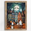 Stampa su Poster Foresta Gatto Nero Fantasma Fiori Selvatici Pittura su Tela Zucca Halloween Spettrale Arte Dark Academia Stanza Arredamento Casa