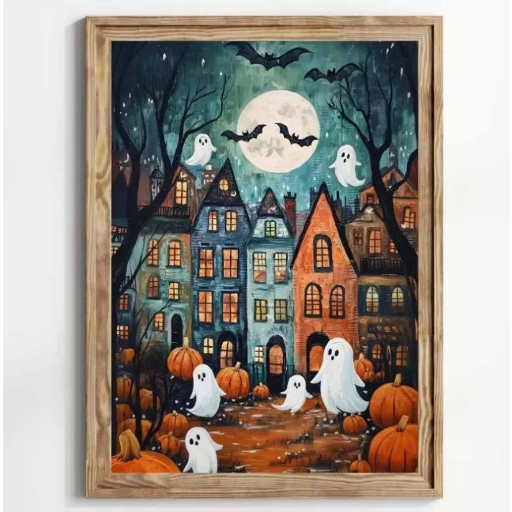 Stampa su Poster Foresta Gatto Nero Fantasma Fiori Selvatici Pittura su Tela Zucca Halloween Spettrale Arte Dark Academia Stanza Arredamento Casa