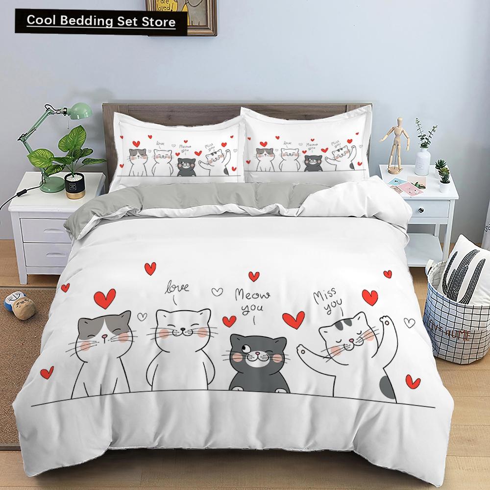 3D Cat King Queen Duvet Cover Cute Cartoon Kitty Bedding Set for Kids Teens Adults Pet Animal White 2/3pcs Polyester Quilt Cover