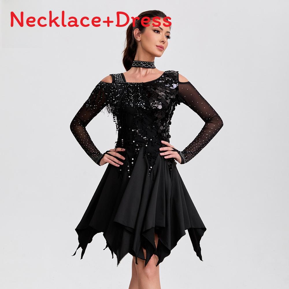 Vestido de Danza Latina Disfraz de Actuación Con Lentejuelas Manga Larga Flecos Para Mujer