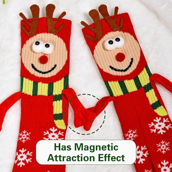 Cartoon Christmas Socks Magnetic Holding Hands Socks Cute Snowman Reindeer New Year Socks Fun Gifts for Girls Teens Birthday Holidays