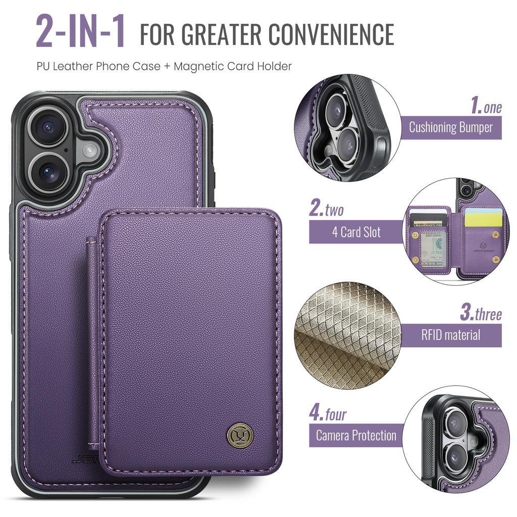 JEEHOOD J05 For iPhone 16 Plus Case Leather Mobile Cover with Detachable Magnetic Card Bag