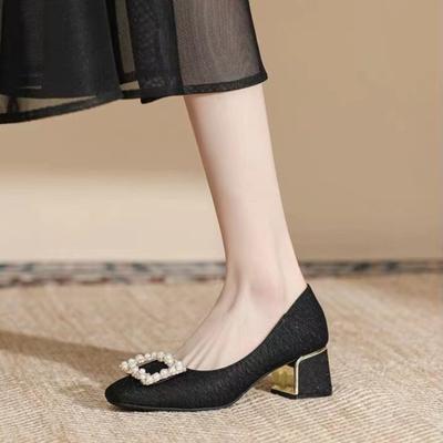 Scarpe da Donna di Alta Qualità 2024 Slip-on Tacco Alto da Donna Moda Bottone Quadrato Ufficio e Carriera Nuovi Tacchi di Cristallo Donna