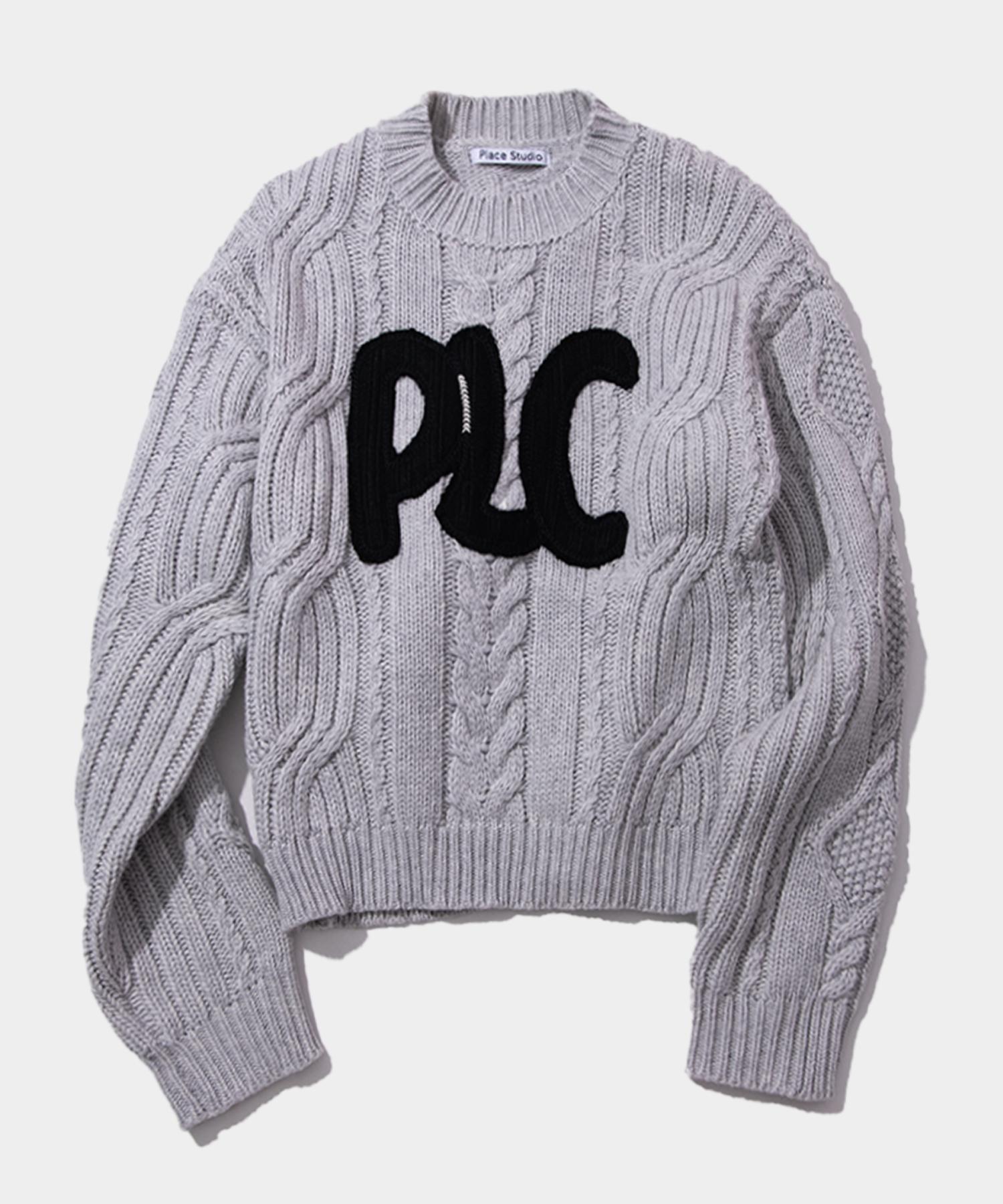Place Studio Cable Knit Big Plc Logo Semi-Crop Round Neck Sweater [Gray] Gray/Free