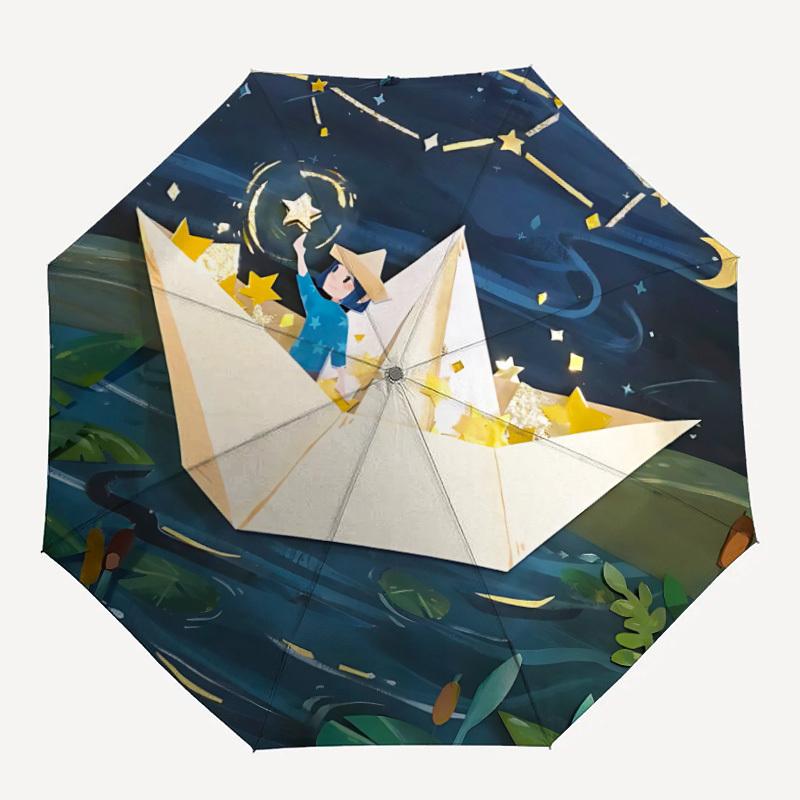 1pc Paper Boat Night Auto Open/close, All-Season Portable Folding Cute Umbrella for Women & Men, Travel, Everyday, Formal Events - Compact Luxury Para